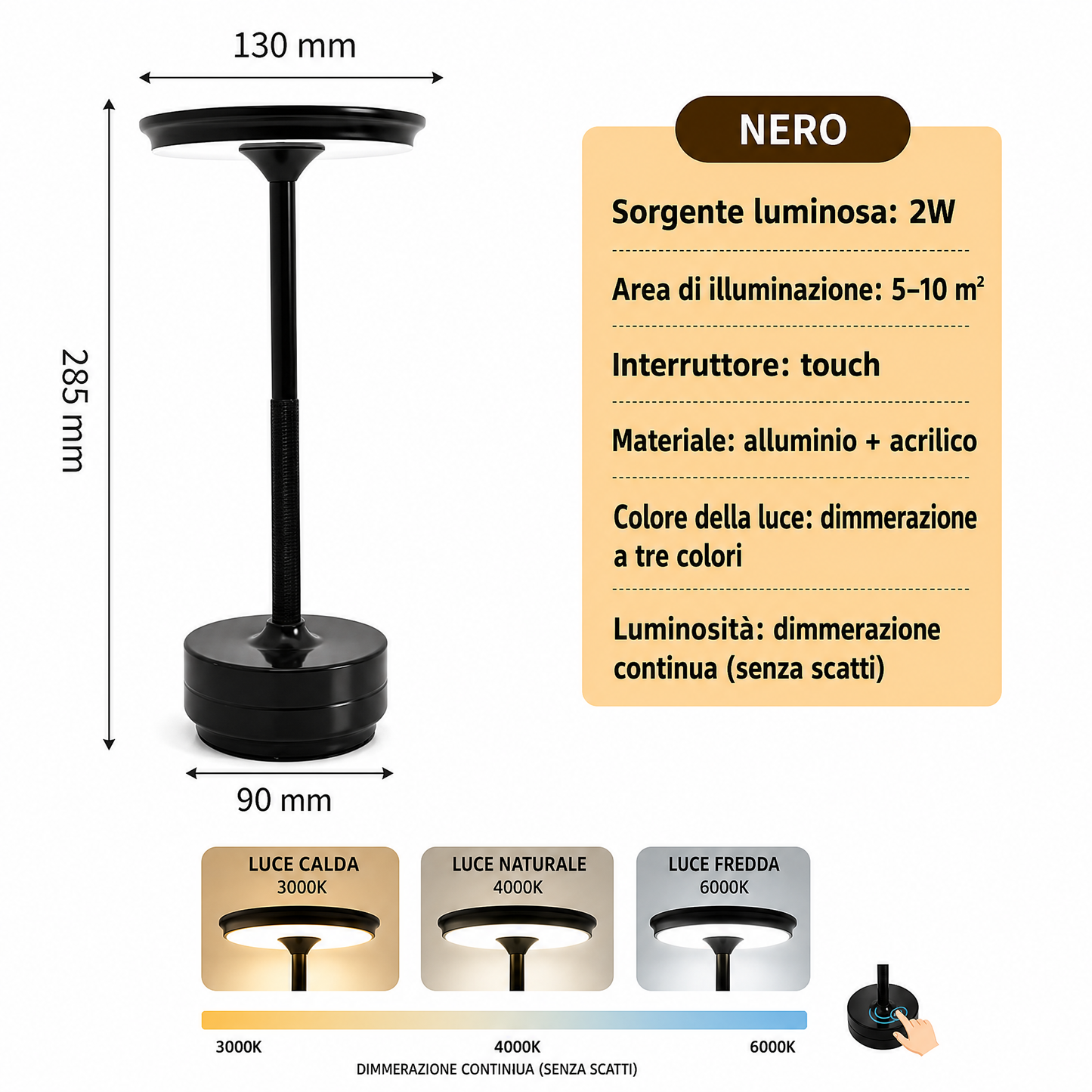 Lampada da Tavolo Touch Ricaricabile – Luce LED Portatile Dimmerabile Senza Fili