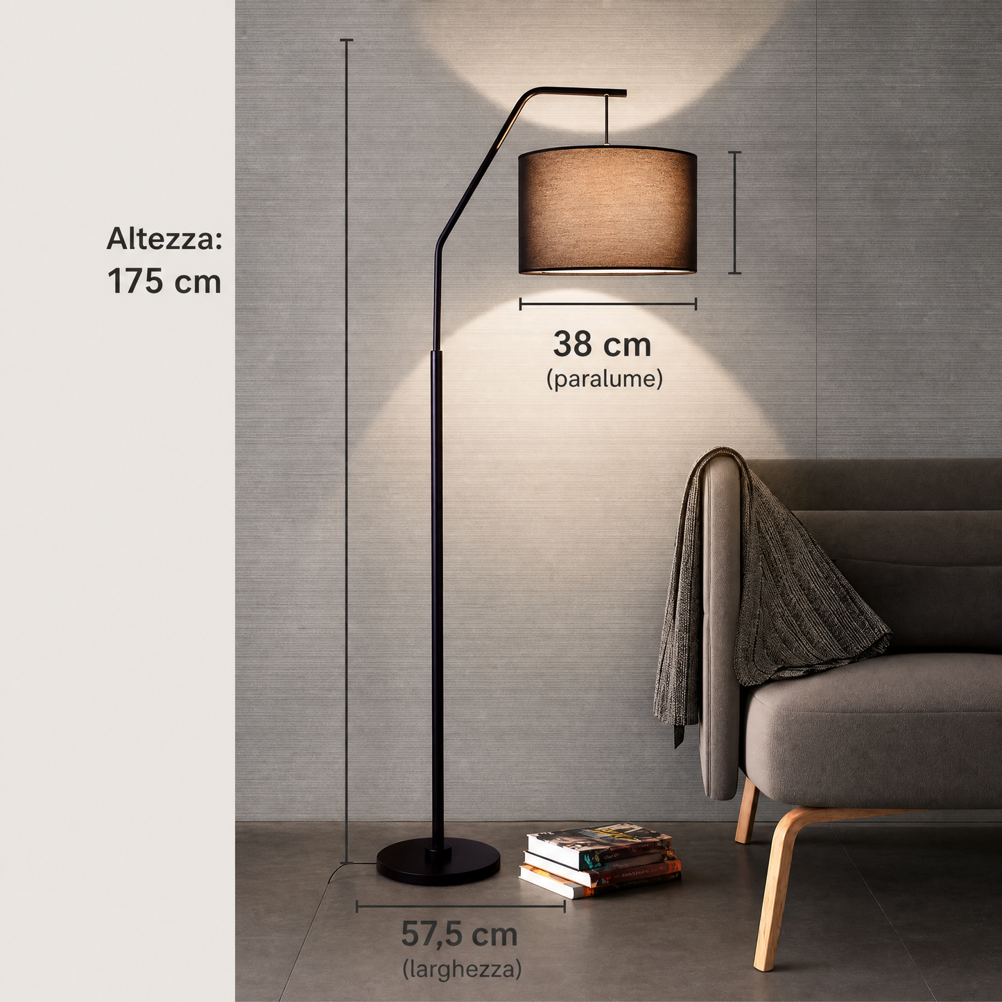 Lampada da Terra ad Arco Moderna Nera – Piantana LED con Paralume in Tessuto